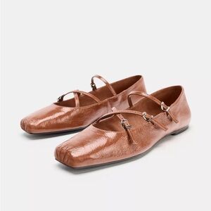 Zara LEATHER SQUARE TOE BALLET FLATS